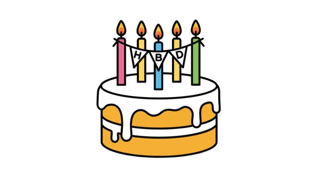 Colorful Cartoon Birthday Cake with Lit Candles and HBD Banner.