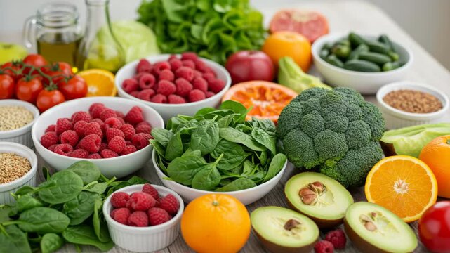 Variety of Colorful Fruits and Vegetables in Bowls on a White Wooden Table Promoting Healthy Eating and Nutrition for a Balanced Diet and Wellness