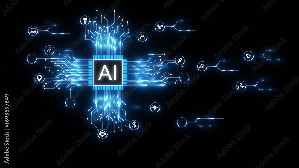 Poster central ai processor with glowing blue circuit board and connected digital icons on black background