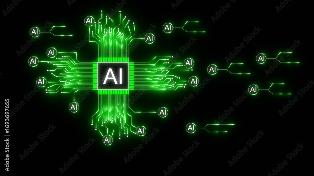 Poster glowing green artificial intelligence circuit board with ai symbols on black background technology c