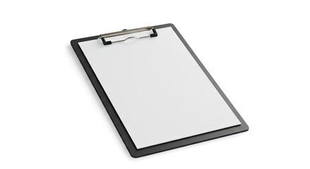 A black clipboard with a blank white sheet of paper held by a silver metal clip angled on a clean white background