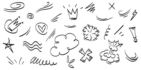 Hand drawn set of doodle emphasis design elements. hearts, Crown, clouds, flash, swishes, exclamation, star, scribble. used for infographic concept design
