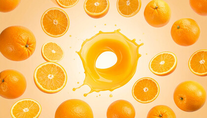 Vibrant oranges floating in a spiral and orange juice splashing in a circle on an orange gradient background