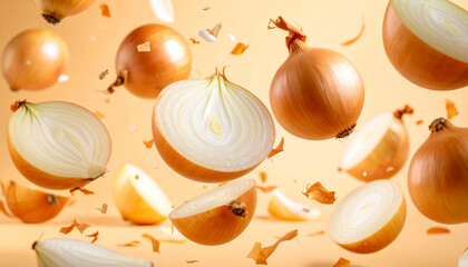 A dynamic image of many onions with skin falling down on a brown background