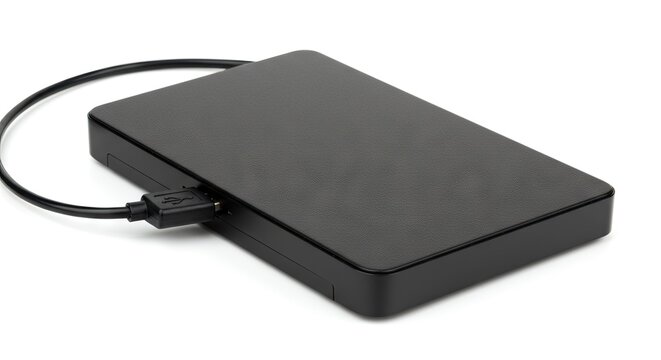 A black rectangular electronic device with a textured top surface connected by a black cable on a plain white background