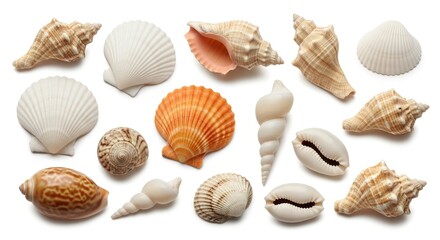 A collection of various natural seashells including spiral bivalve and cowrie types arranged on a pristine white background