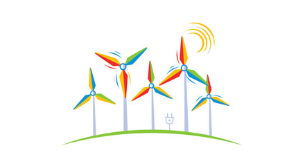 Colorful Wind Turbines on Green Hill with Sun Illustration.
