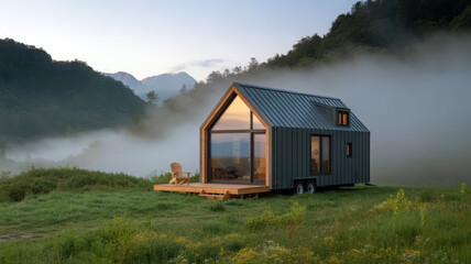 A photograph of a modern tiny house with a minimalist design, nestled within a lush, misty mountain valley. The tiny house is crafted from reclaimed wood and features a sloped roof with solar panels, 