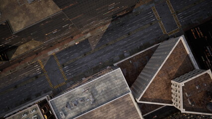 Aerial view highlights a bustling cityscape, with geometric buildings casting shadows over quiet, wide streets. The contrast between architecture and open spaces is striking during midday.
