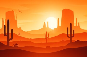 Desert Landscape with Cactus and Sun