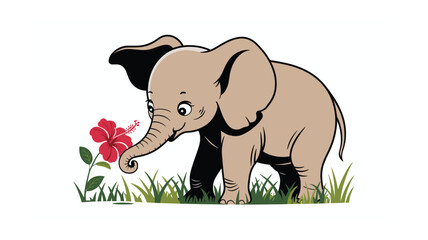 Cartoon Baby Elephant Smelling Red Hibiscus Flower in Green Grass Illustration - Cute Animal, Vector Art, and Tropical Nature for Kids