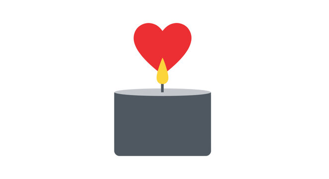 A simple grey candle with a lit wick and a vibrant red heart-shaped flame.
