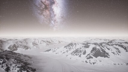 Under a celestial sky, majestic mountain ranges covered in gleaming snow stretch endlessly. The bright Milky Way illuminates the serene landscape, creating an enchanting atmosphere.
