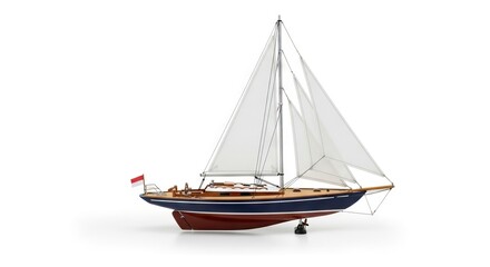 A detailed model of a sailboat with a dark blue hull white sails and a red and white flag displayed on a stand against a plain white background