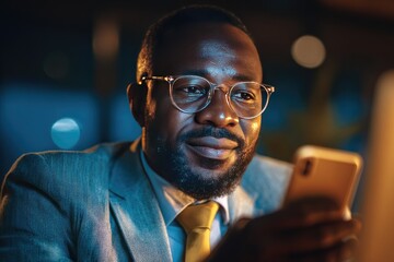 Man in suit, looking at phone at night