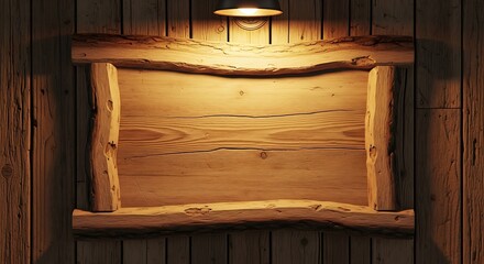 Rustic Wooden Sign Illuminated on Weathered Wood Wall, Warm Light.