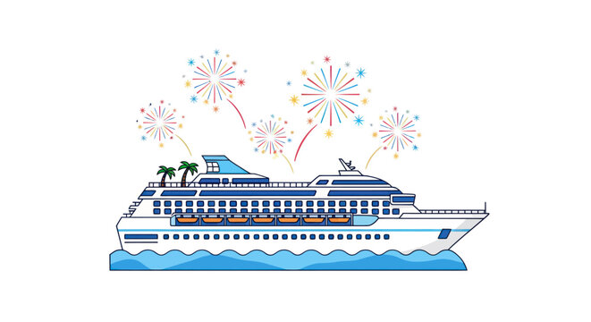 Festive Cruise Ship with Fireworks Display at Sea.