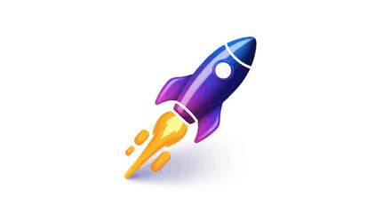 A vibrant, stylized rocket ship blasting off with fiery exhaust.