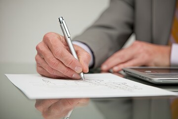 Close-up of a person's hand writing on a document with a pen