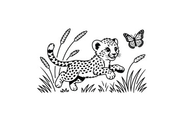 Cheetah Cub Chasing Butterfly in Grassy Field Line Art, Black and White Illustration, Perfect for Coloring Books and Children's Designs