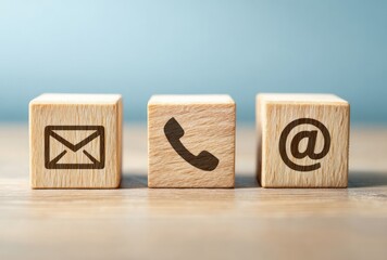 Contact information icons on wooden blocks