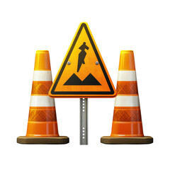 Road work ahead sign with traffic cones indicating construction zone and caution for drivers ensuring safety on highways and city streets ahead now ahead on transparent background