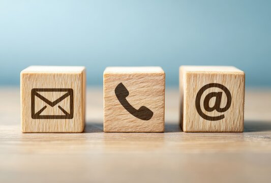 Contact information icons on wooden blocks
