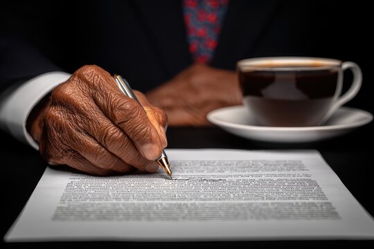 Close-up of a mature hand signing a document
