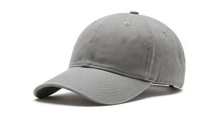 Fototapeta premium A grey fabric baseball cap is depicted on a white background featuring a curved brim paneled crown with stitching and small ventilation holes A soft shadow is cast beneath it