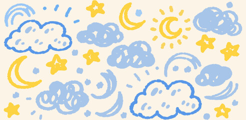 Childlike Sky Filled with Clouds, Stars, Moons, and Sun. A whimsical illustration of a sky filled with playfully drawn clouds, stars, moons, and a sun.