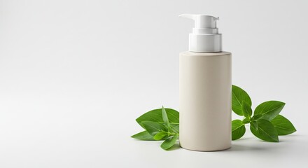 A light beige pump bottle stands on a white surface surrounded by fresh green leaves The bottle has a white pump dispenser on top