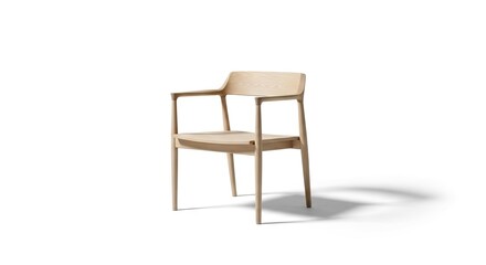 Obraz premium A light-colored wooden chair with a curved backrest and armrests stands on a white background casting a subtle shadow