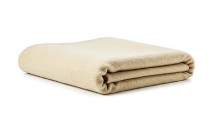 A light beige soft textured blanket is neatly folded into three layers and placed on a white background
