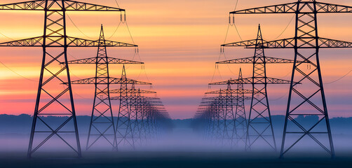Fototapeta premium Electricity transmission infrastructure supports renewable integration and a sustainable future of power.