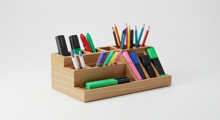 A light wood desk organizer with multiple tiered compartments holds an assortment of colorful pens pencils and markers against a plain white background