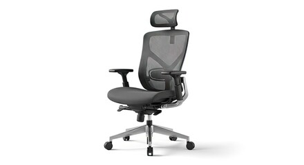 A modern ergonomic office chair with a mesh back padded seat adjustable armrests and a five-star wheeled base is presented on a white background