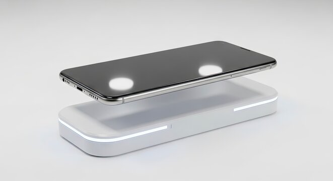 A modern electronic device with a dark screen and metallic trim hovers above a sleek white rectangular unit featuring illuminated side panels on a clean white background