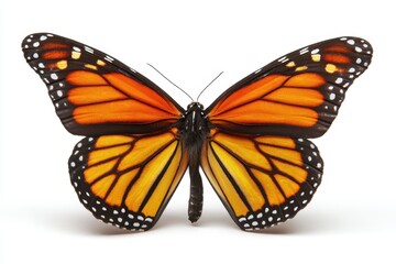 Fototapeta premium Stunning Monarch Butterfly with Symmetrical Orange Wings Fully Spread, Isolated on a White Background.
