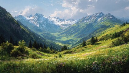 Fototapeta premium Mountain valley panorama in summer