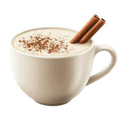 Creamy latte with cinnamon sticks and sprinkled spice in a white mug perfect for a cozy autumn or winter beverage advertisement or social media post on transparent background