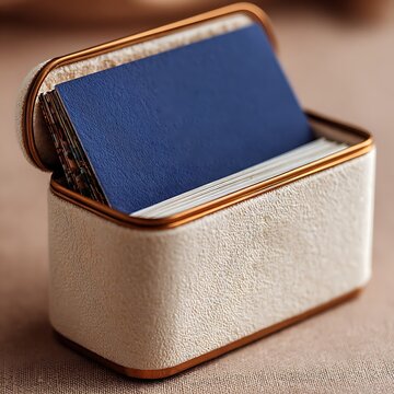 Open Box Filled with Stacked Business Cards Keywords: business cards, box, container, storage