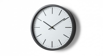 A minimalist wall clock with a black frame and white face casts a subtle shadow on a plain white background