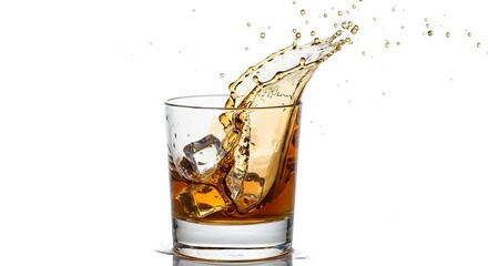 A glass filled with amber liquid and ice cubes with the liquid splashing dynamically against a bright white background
