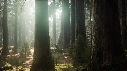 Fototapeta premium Tall trees rise majestically as gentle sunlight streams through the dense foliage. A tranquil atmosphere envelops the forest floor, with soft moss and small plants thriving in the shade.