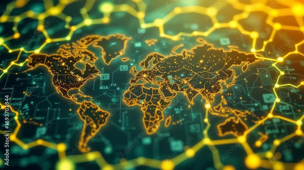 Poster digital world map technology network glowing hexagon pattern global connection data visualization fu