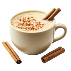 Creamy cinnamon latte in a ceramic mug with cinnamon sticks perfect for a cozy autumn morning or a festive holiday drink on transparent background