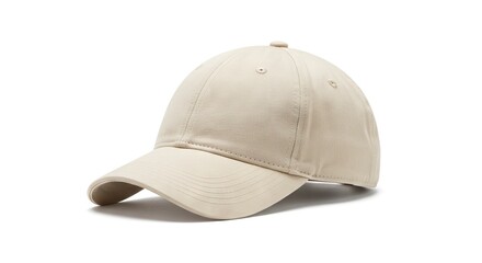 Fototapeta premium A neutral-toned baseball cap made from fabric is positioned on a white background showcasing its curved brim and structured crown with a top button