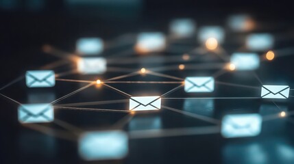 Network of email icons connected by lines representing digital communication and data transfer