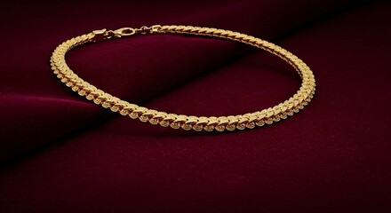 A golden-hued chain featuring textured intertwined links is elegantly draped on a deep reddish-purple folded fabric