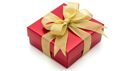 Obraz premium A red square gift box with a textured gold ribbon and bow is presented on a clean white background